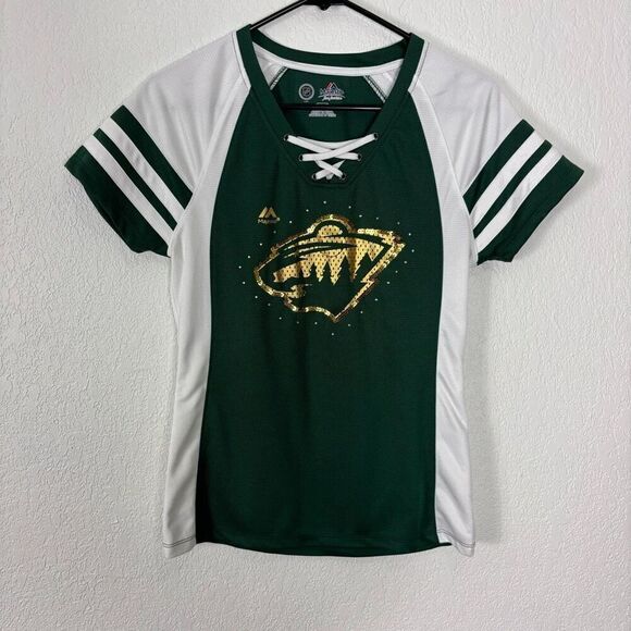 NHL Minnesota Wild Hockey Green with White Sides Lace Up Short Sleeve Top Size S - Picture 1 of 6